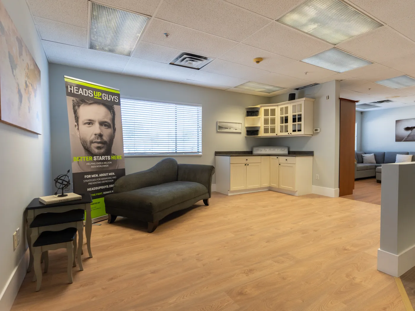 Main showroom display area with restored flooring and product transitions